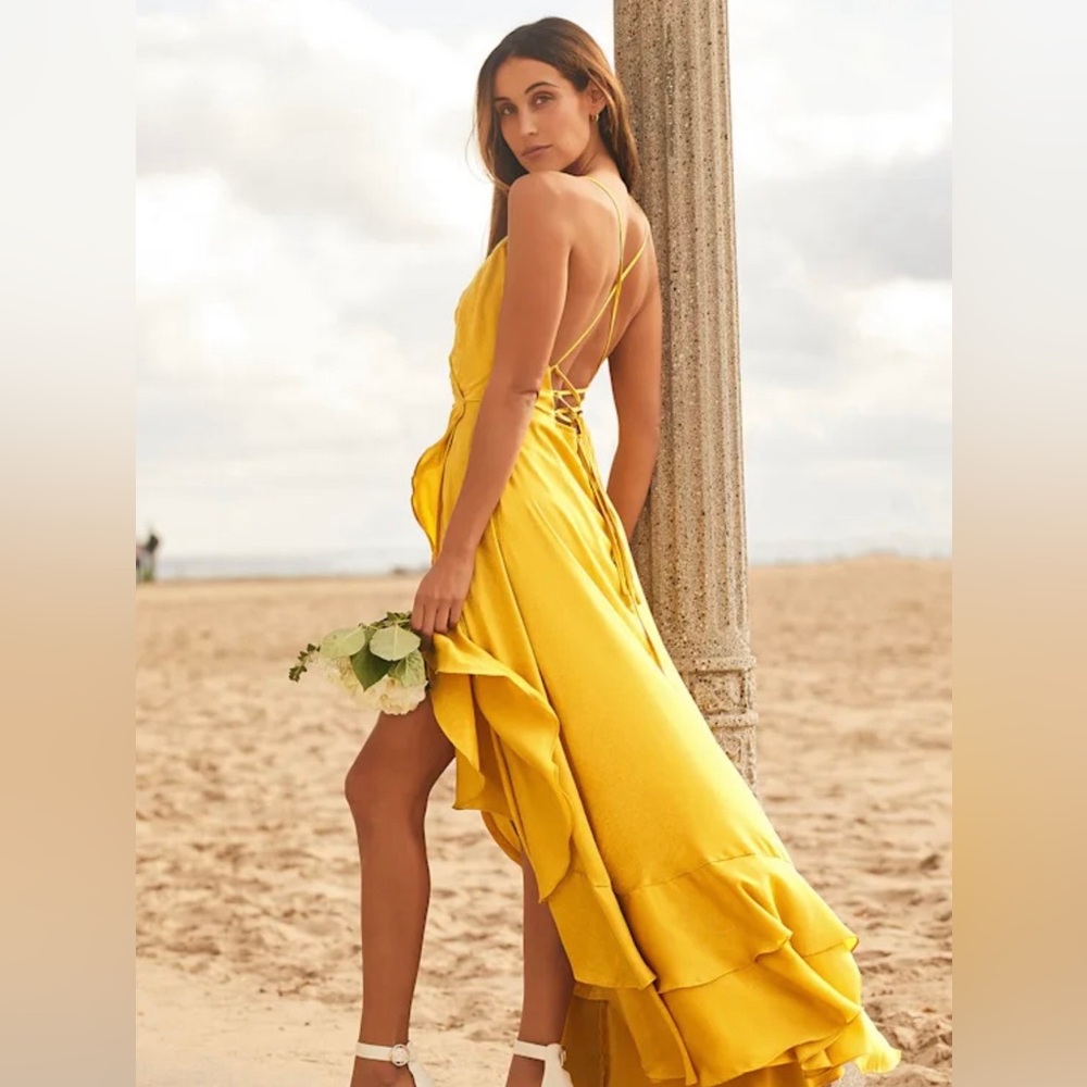 Lulu’s In Love Forever Mustard Yellow Satin Lace-Up High-Low Maxi Dress